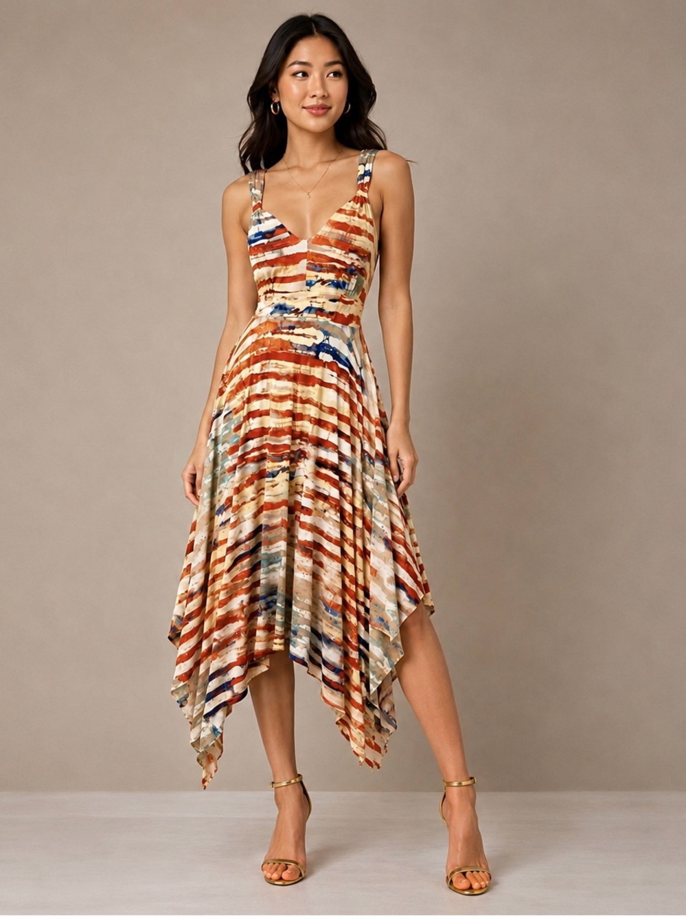 American Rag V-Neck Summer Dress| Red, blue, and Tan Stripes | Asymmetrical Hem